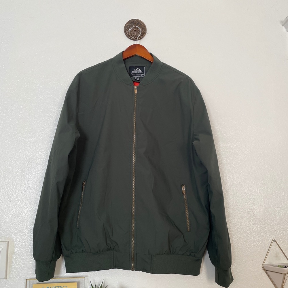 Outdoor Jacket Mens XL Bomber Flight Jacket Olive Green Quilted Orange Lining